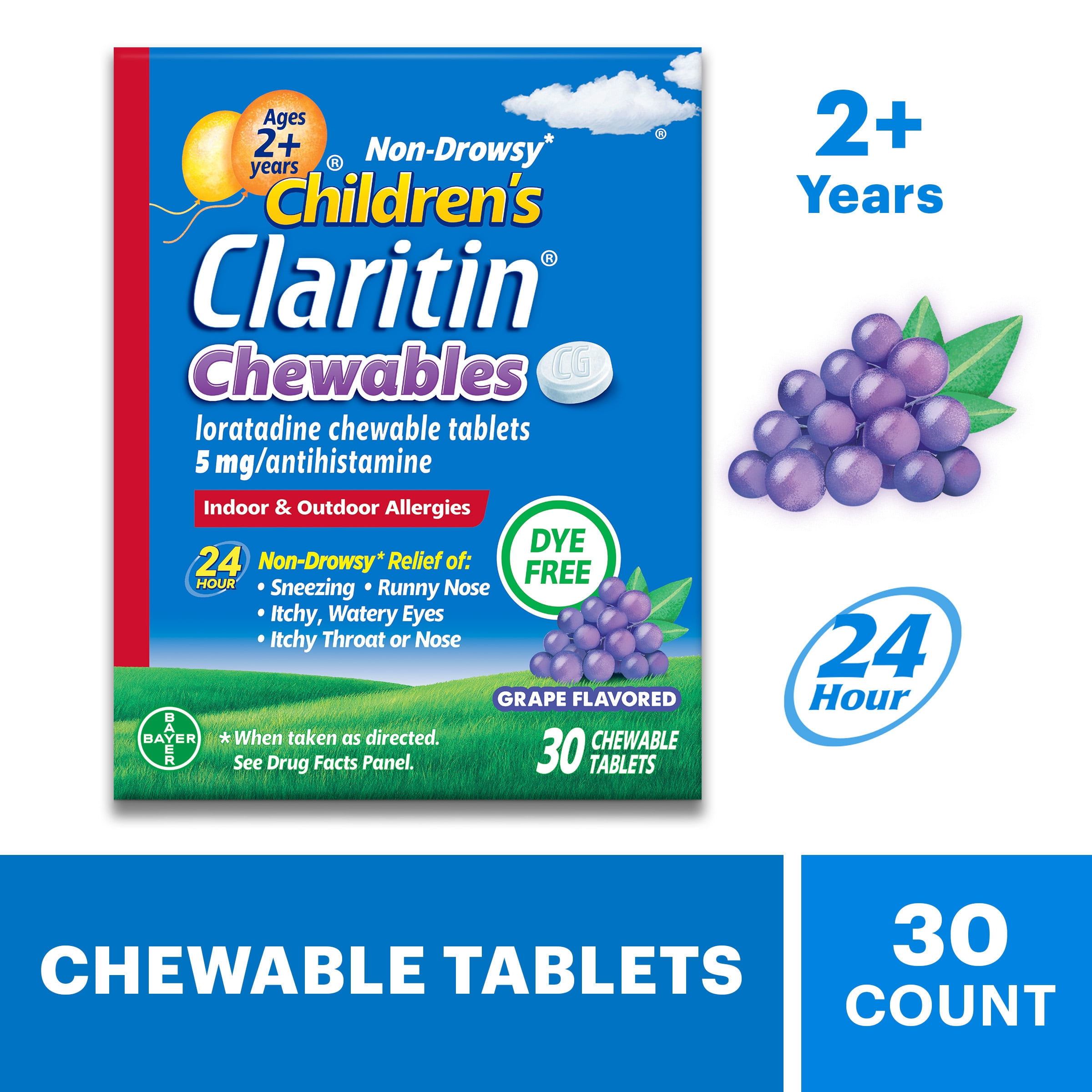 (3 pack) Children's Claritin 24 Hour Non-Drowsy Allergy Relief, Grape Chewable Tablets, Dye-free, 30 Count