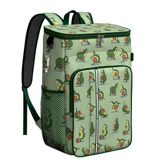 Cute Avocado and Fruit Pattern Cooler Backpack, Leakproof Lunch Bag with Kawaii Design for Summer, Work, and Road Trips