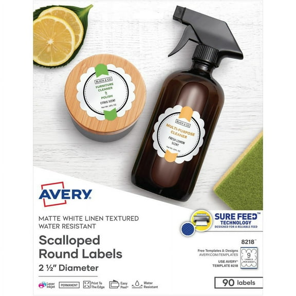Avery® Multipurpose Label - 2 1/2" Diameter - Permanent Adhesive - Round Scallop - Laser, Inkjet - Matte White - Paper - 9 / Sheet - 10 Total Shee | Bundle of 2 Packs