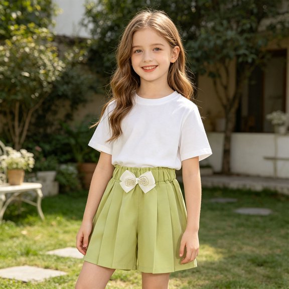Girls Summer Wide Leg Skirt Shorts with Bow Lightweight Casual Everyday Wear Breathable Elastic Waist Comfortable Playful Outdoor Home For 3 16 YearsGreen5-6 Years
