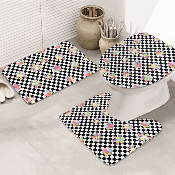 Bathroom Rugs Sets 3 Piece - Floral Flower Checkerboard 90s Y2K Absorbent Non Slip Bath Mats, U-Shape Toilet Lid Cover, Contour Mat, Soft Washable Shower Mats Bath Rug Mat for Bathroom Tub Toilet