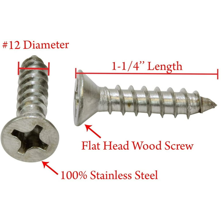 Phillips Flat Head Wood Screws 18-8 Stainless Steel - #12 x 1-1/4 Qty-25
