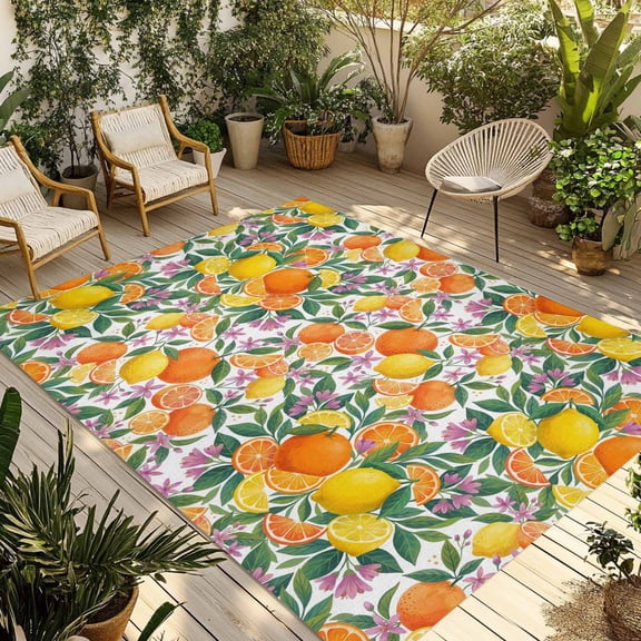 Orange Lemons Outdoor Rug for Patio/Deck/Porch, Non-Slip Large Area Rug 6 x 9 Ft, Summer Botanical Pastoral Elegant Indoor Outdoor Rugs Washable Area Rugs, Reversible Camping Rug Carpet Runner