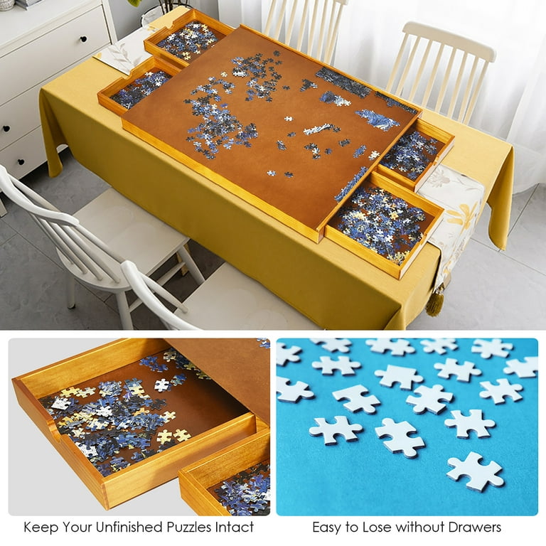 COSTWAY Table de Puzzle en Bois - Plateau de Puzzle avec Plan de Travail  Lisse et 4