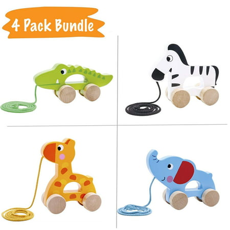 Pidoko Kids Pull Along Walking Toys - Bundle Toy Gift Packs Set of 4 Animals - Giraffe, Zebra, Elephant and Crocodile - Toys for 1 Year Old and Up - Toddler Babies Boys and (Best Gifts For One Year Old Baby Girl)