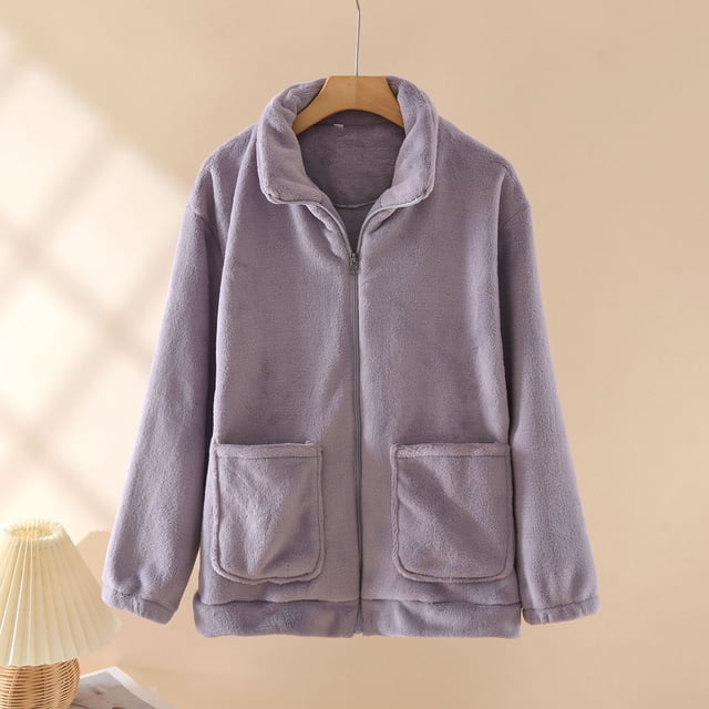 Pijama de manga larga para mujer, de invierno, de color liso, de franela gruesa con forro polar añadido, de manga larga, cálido, para el hogar, de poliéster.