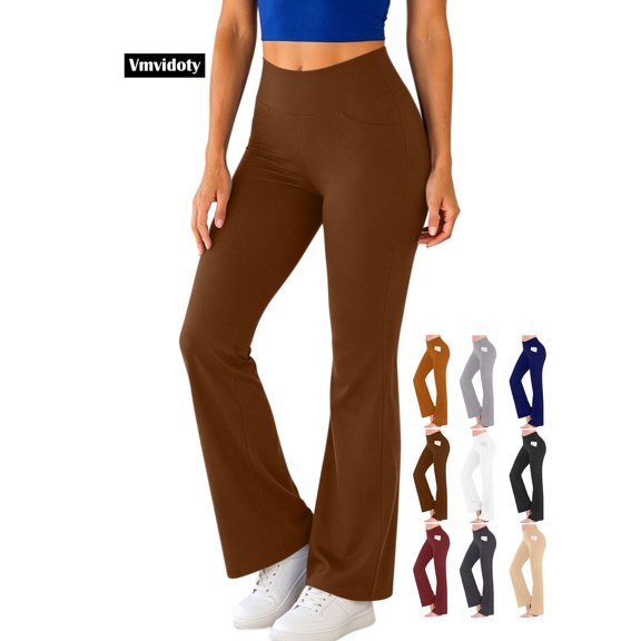 Yoga Pants for Women with Pockets Workout High Waist Stretch Flare Leggings with Two Pockets 1_Brown L