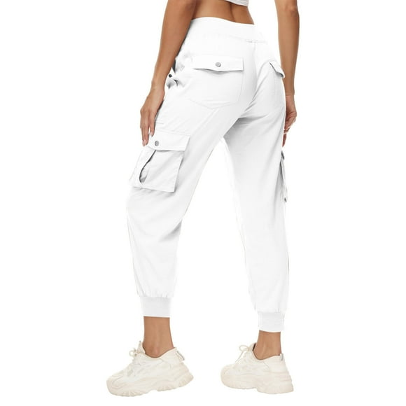 Amzcrzy Women Cargo Pants Fashion Baggy Solid Color Hiking Pants for Women Elastic Waist Drawstring Travel Trousers Casual Multi-Pockets Women's Pants White S