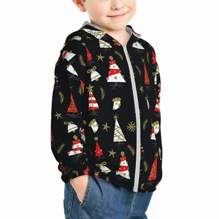 

Uemuo Christmas Tree and Gold Socks Pattern Rash Guard for Boys Girls Long Sleeve Swim Shirts UPF 50+ UV Sun Protection Hooded Fishing Shirt with Pocket for Kid-4 Years