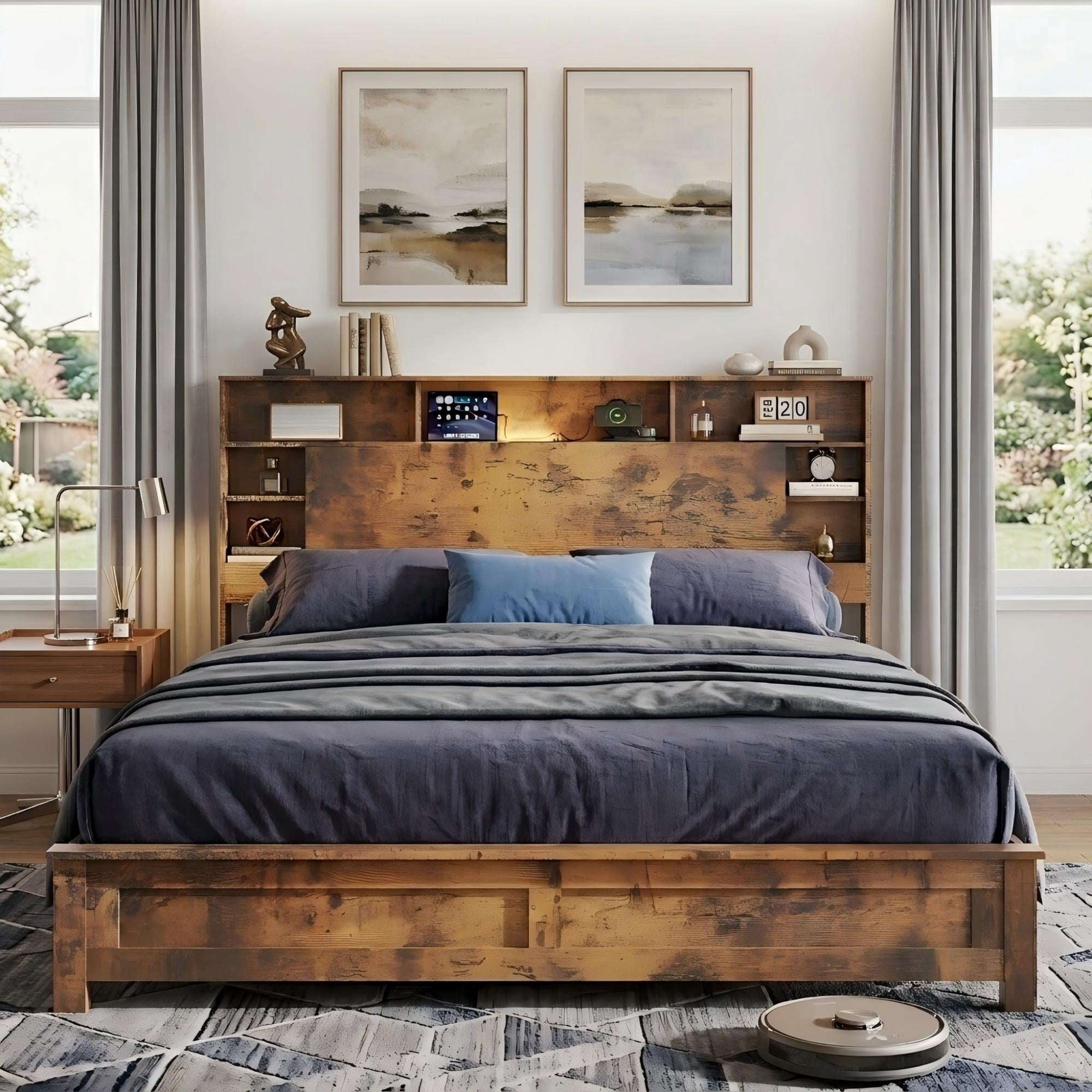 Aukfa Queen Size Bed Frame with Charging Station, Storage Headboard & LED Lights, Farmhouse Wood Platform Bed, Brown