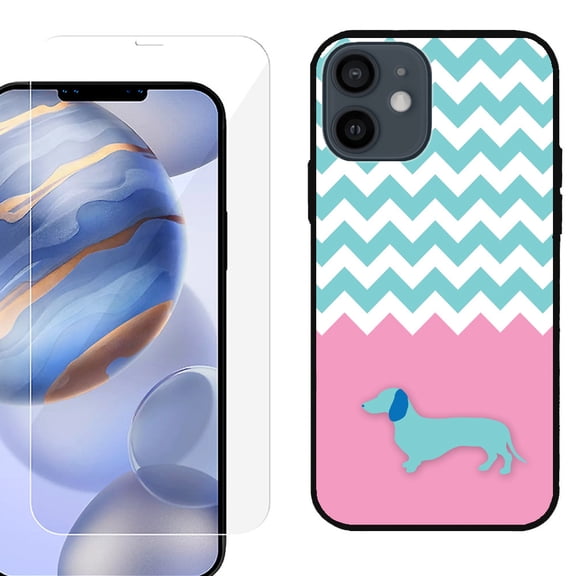 Slim-Fit Protective Phone Case (Black) compatible with iPhone 12 / iPhone 12 Pro, with Tempered Glass Screen Protector, by OneToughShield ® - Chevron/Dachshund/Puppy