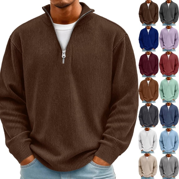 Huankd Quarter Zip Pullover for Men Long Sleeve Knit Sweater Casual Slim Fit Textured High Neck Fall Winter 2026 Cozy Sweatshirt Brown S