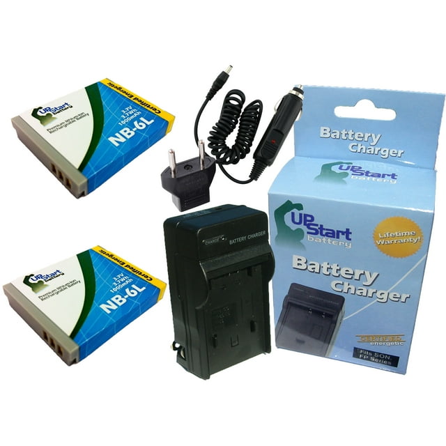 2x Pack - Canon PowerShot SX240 HS Battery + Charger with Car & EU Adapters - Replacement for Canon NB-6L Digital Camera Battery and Charger (1000mAh, 3.7V, Lithium-Ion)