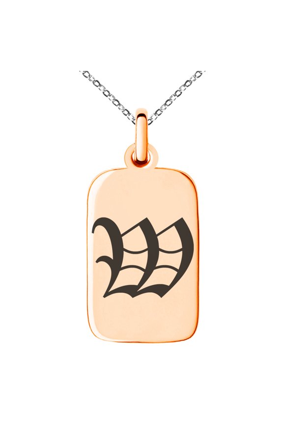 Stainless Steel Letter W Initial Old English Monogram Engraved Small Rectangle Dog Tag Charm Pendant Necklace
