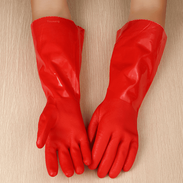 Guantes de goma para uso doméstico, gruesos y cálidos, con forro polar, resistentes al aceite, resistentes a ácidos y álcalis, guantes de goma con forro polar integrado