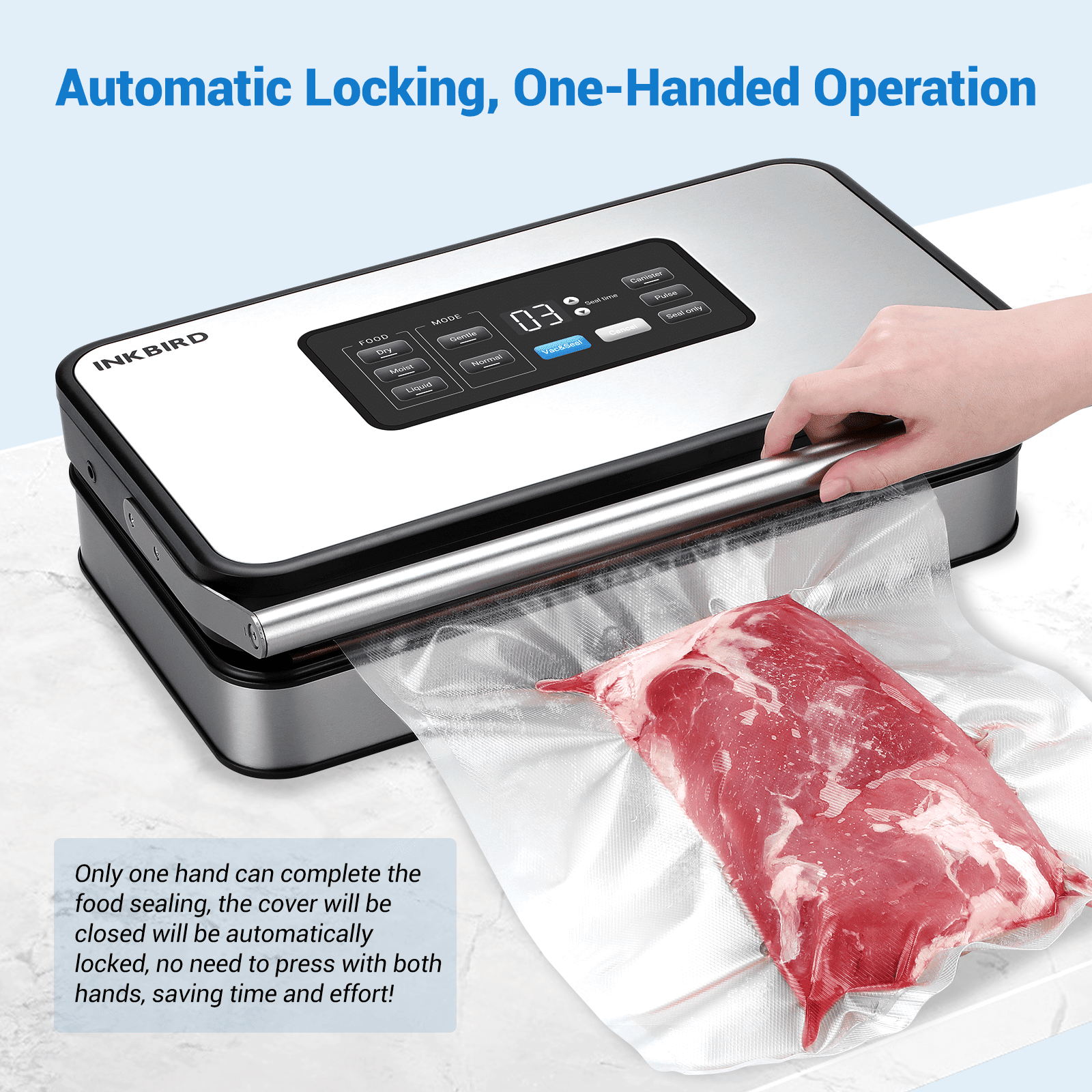 INKBIRD INK-VS04 Home Food Vacuum Sealer Machine with Starter Kit, Dual Motor, Dual Pump, Multiple Functions, Countdown LED, Built-in Cutter and Bag Storage, with Overheat Protection, Dry/Moist/Liqui