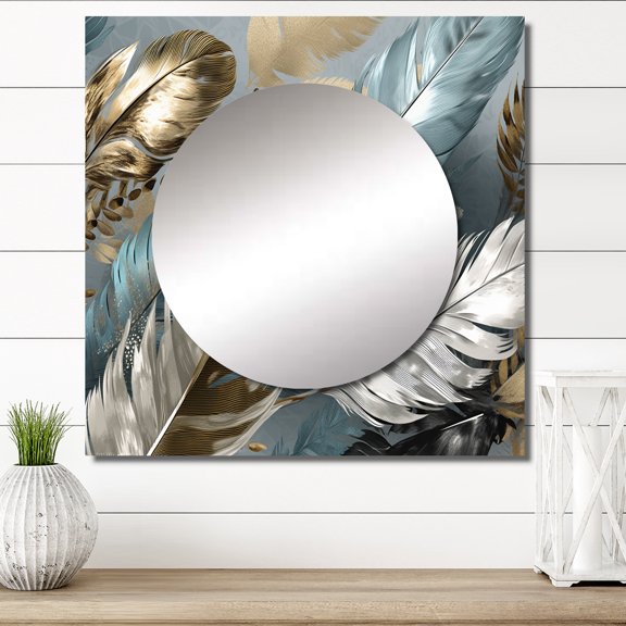 Designart "Gilded Feathers Gold IV" Glam Feather Square Mirror For Wall Decor - Large Gold Square Printed Wall Mirror Art - Square Glam Mirror - Wall Mounted Square Large Mirror