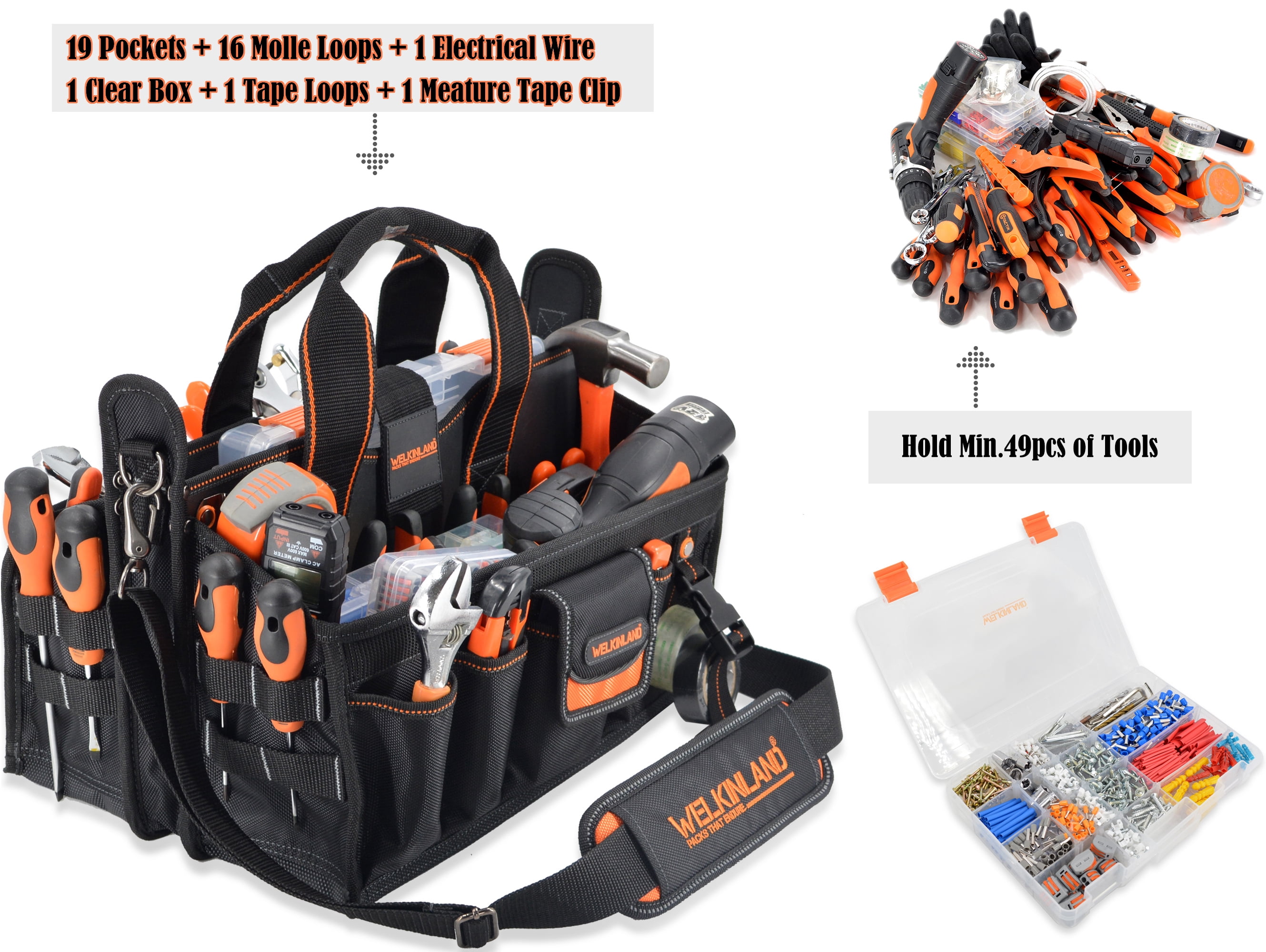WELKINLAND 19-POCKETS Tool tote, Tool bag organizer, Electrician tool bag, HVAC tool bag, Tool caddy, Tool bags for electricians, Tool tote bag w/socket organizer tool boxes, Maintenance tool bag