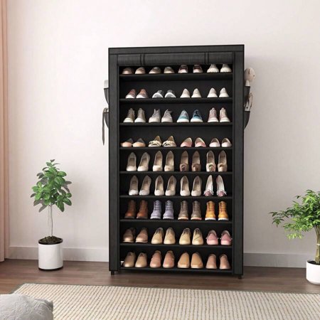 10 Tier Shoe Rack, Grey/Black Shoe Cabinet, Large Capacity 50-56Pairs Beautiful Tall Shoe Shelf Free Standing Storage Cabinet Entryway Closet, Dustproof