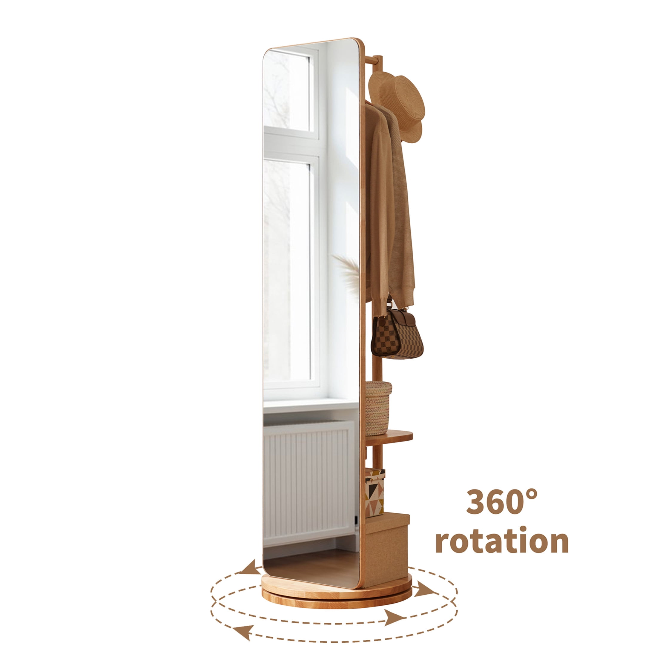 Noble House 360° Rotatable Full-Length Standing Body Mirror with Coat Rack & Storage Shelves, Dressing Mirror, Natural