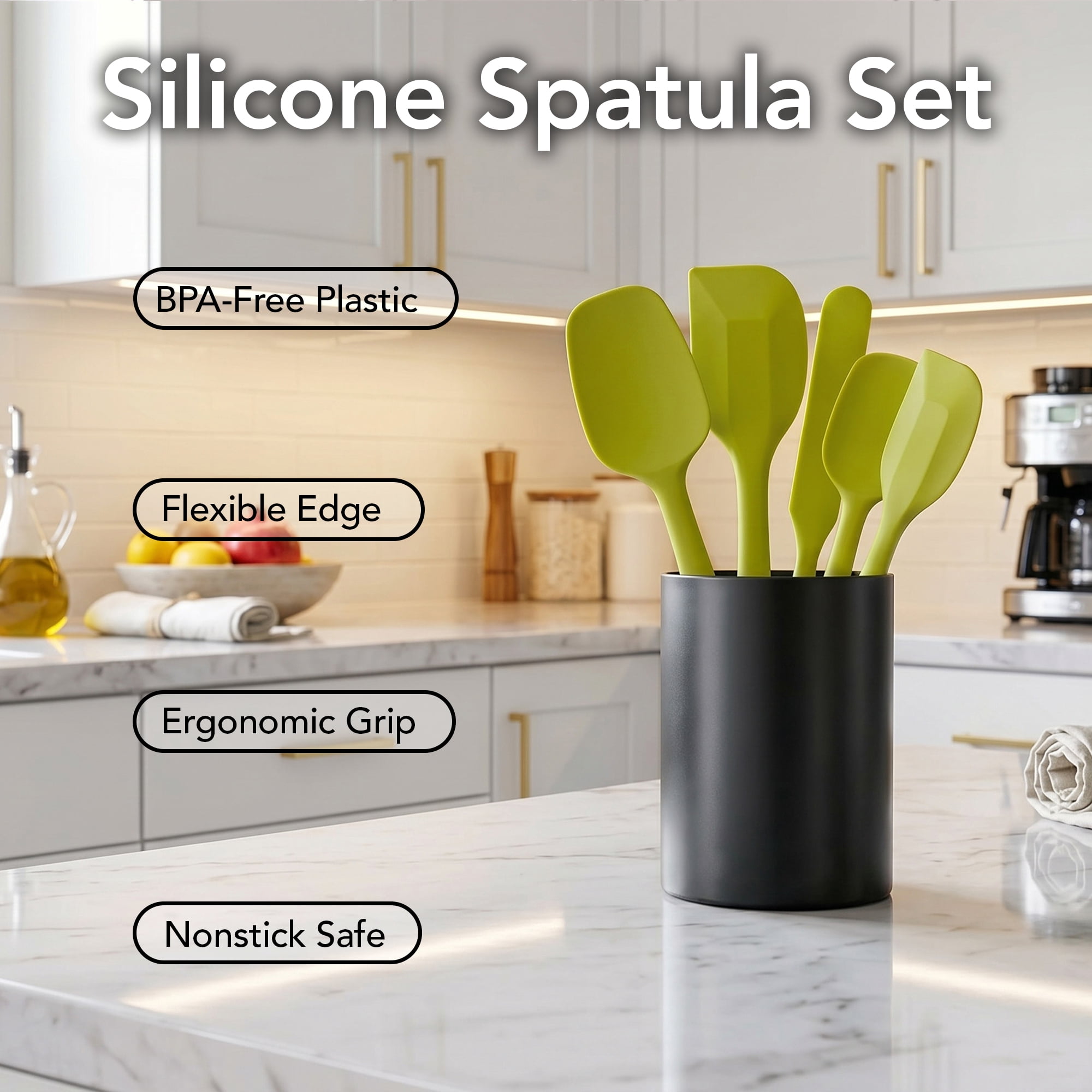 OVENTE Silicone Spatula Set of 5, Heat Resistant, Green SP12305G | Food Grade Rubber Spatula, BPA-Free and Dishwasher Safe, Nonstick Kitchen Utensils for Baking, Cooking and Mixing