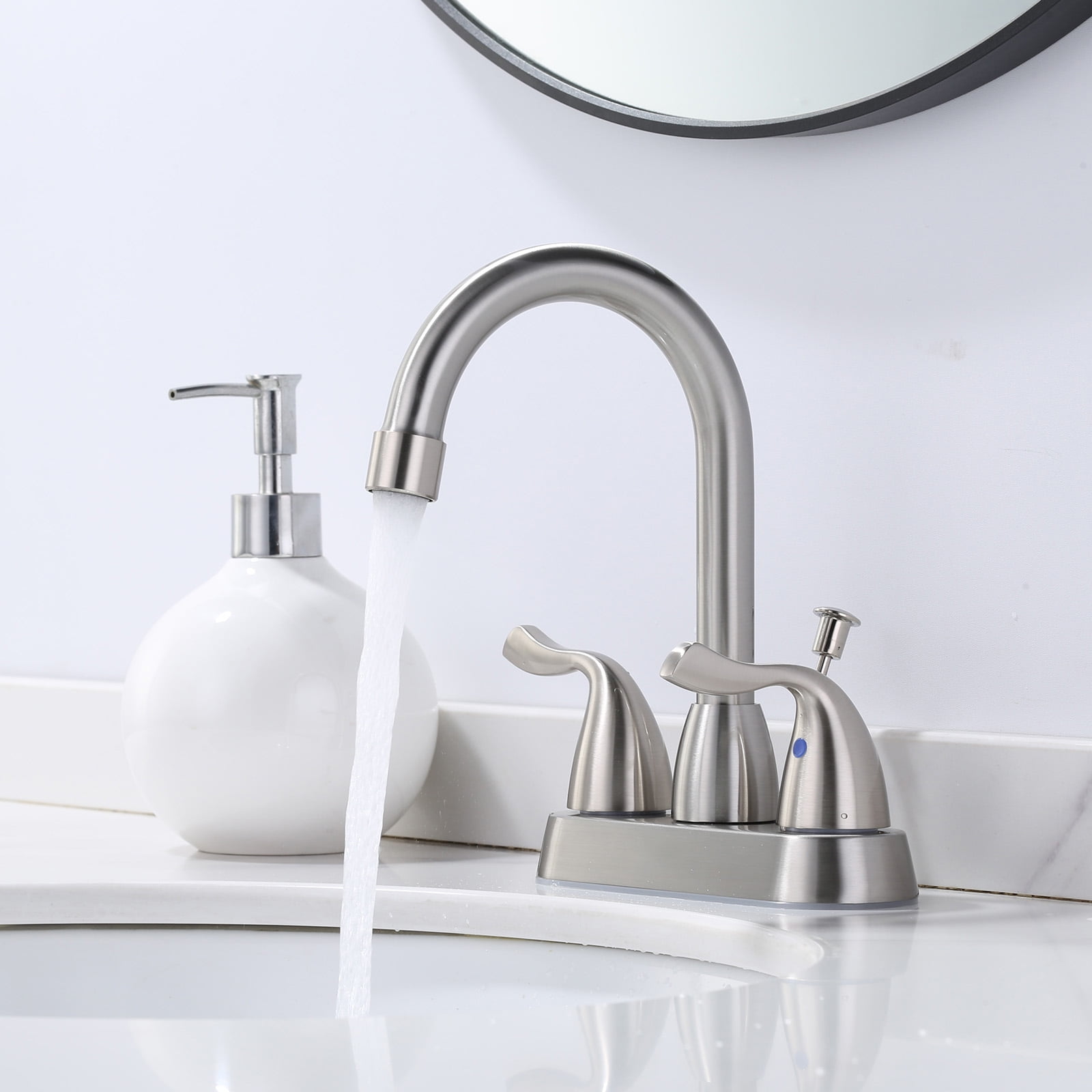WOWOW 2 Handle Modern Bathroom Faucet Brushed Nickel, 4 Inch Centerset Bathroom Faucet with Drain Assembly and Supply Hoses, 3 Holes Faucet for Bathroom Sink