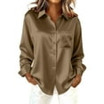 thumbnail image 3 of Women's Classic Fit Satin Shirt, Solid Color Long Sleeve Collared Blouse, Elegant Office Work Tops and Casual Wear Shirt for Women Bronze S, 3 of 7