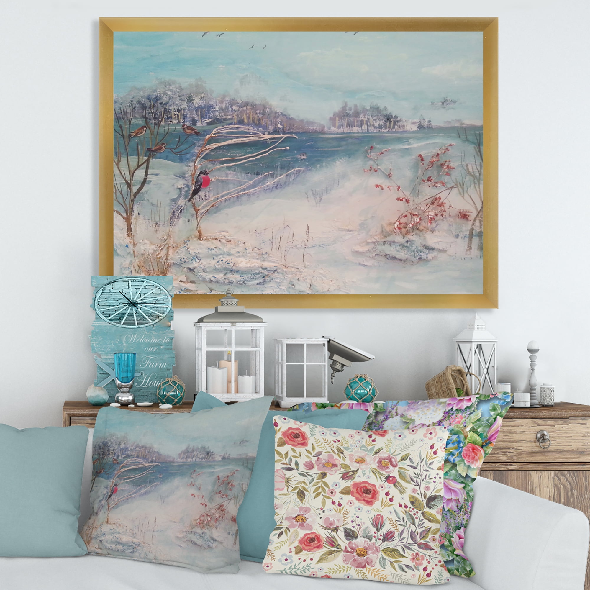 Designart 'Birds and Winter Trees By River' Lake House Framed Art Print