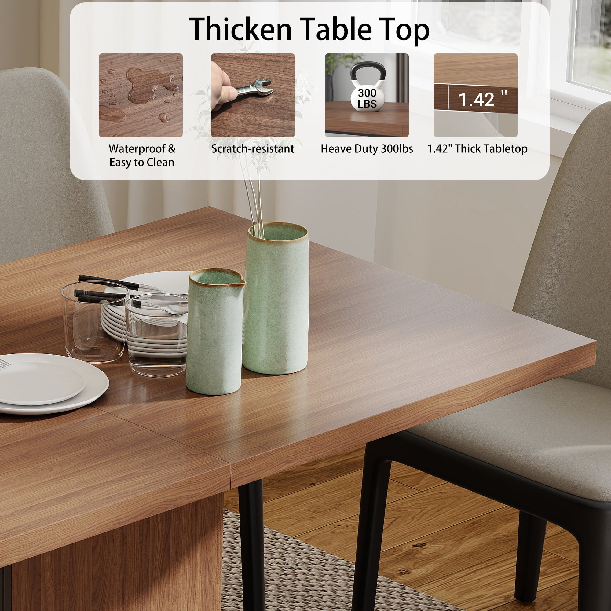 Manora 55.2'' Rectangular Dining Table for 4 People, Wood Farmhouse Dinner Table for Kitchen, Dining Room, Walnut & Black