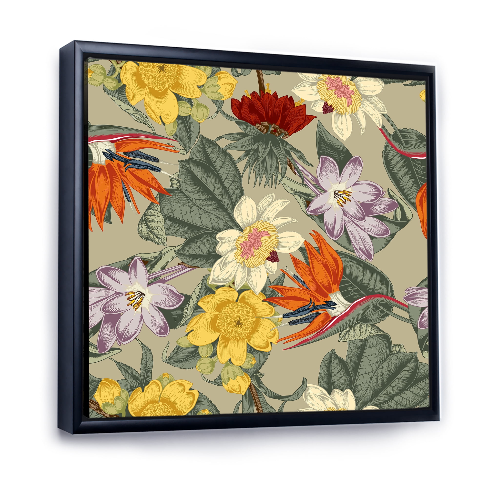 Designart 'Ancient Exotic Flowers In Orange and Yellow' Traditional Framed Canvas Wall Art Print