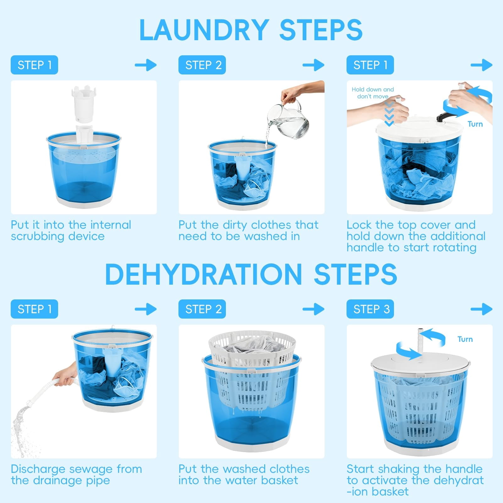 2 in 1 Portable Manual Washing Machine – Mini Hand Crank Washer & Spin Dryer, Non-Electric Compact Laundry Washer for Camping, Dorm, Apartment, Travel