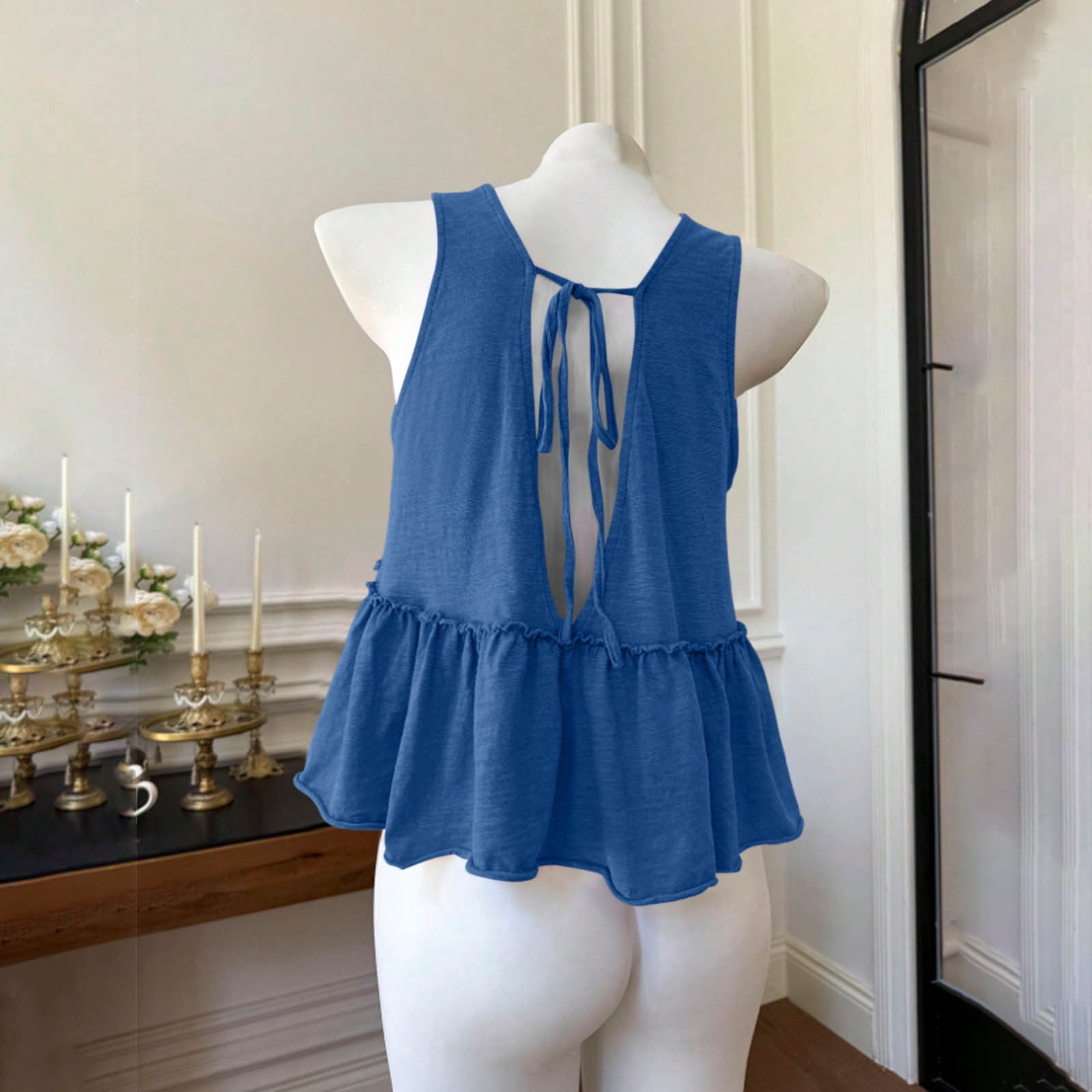 Oiangi Women's Babydoll Tank Tops Deep V Neck Sleeveless Ruffled Blouses Bow Tie Backless Flowy Tank Shirts Blue XL