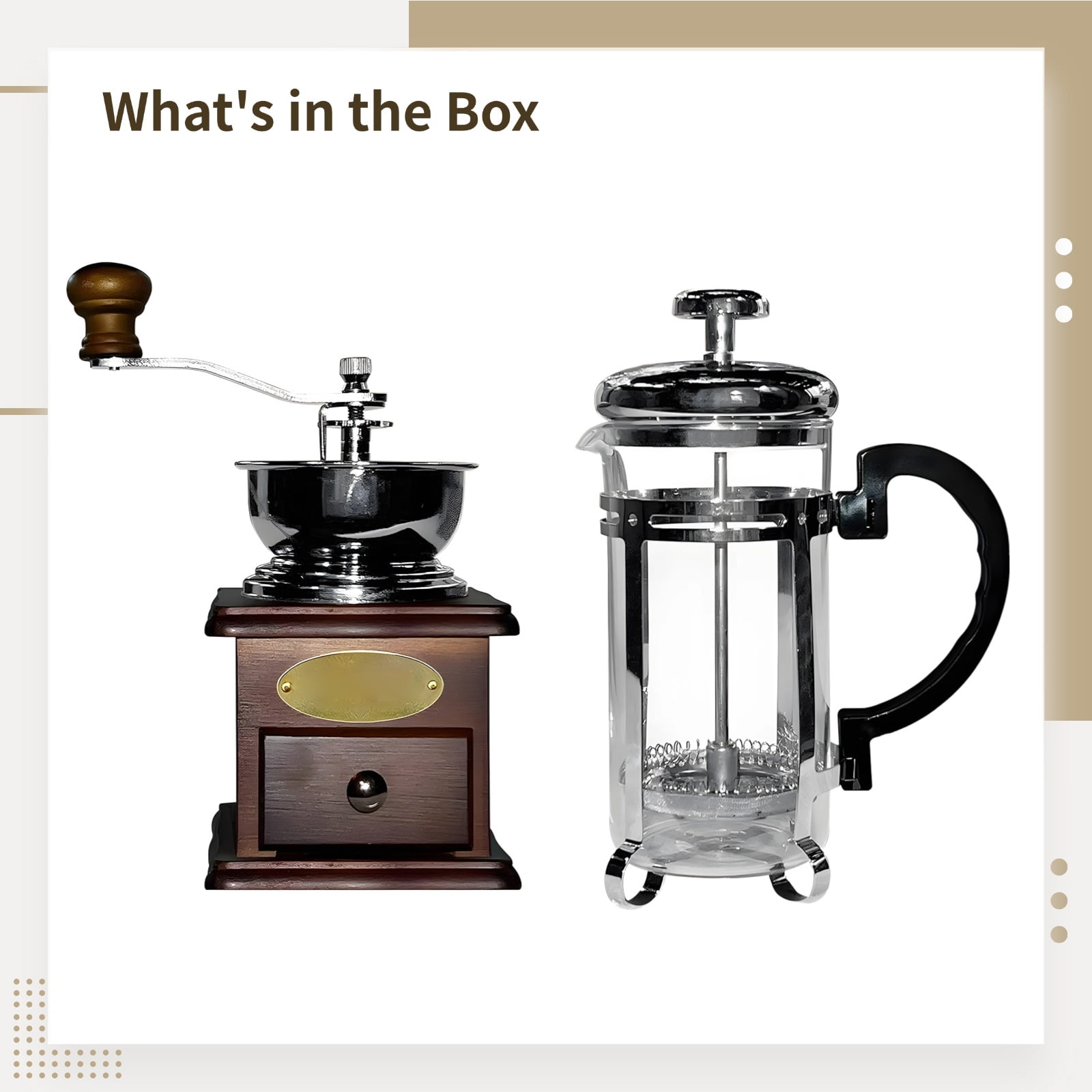 French Press Coffee Grinder Set - Metal & Wood Design, Burr Grinder & French Press for Smooth Coffee, Ideal for Home & Camping, Coffee Table Decor, 7.9 x 5.1 x 2.6 inches