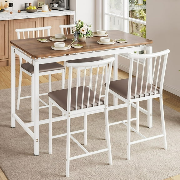 Dining Table Set for 4, LEGAHOME 5-Piece High Top Table and Chairs Set, Counter Height Kitchen Dining Table with 4 PU Leather Chairs, Breakfast Nook Dining Set for Small Spaces, Brown