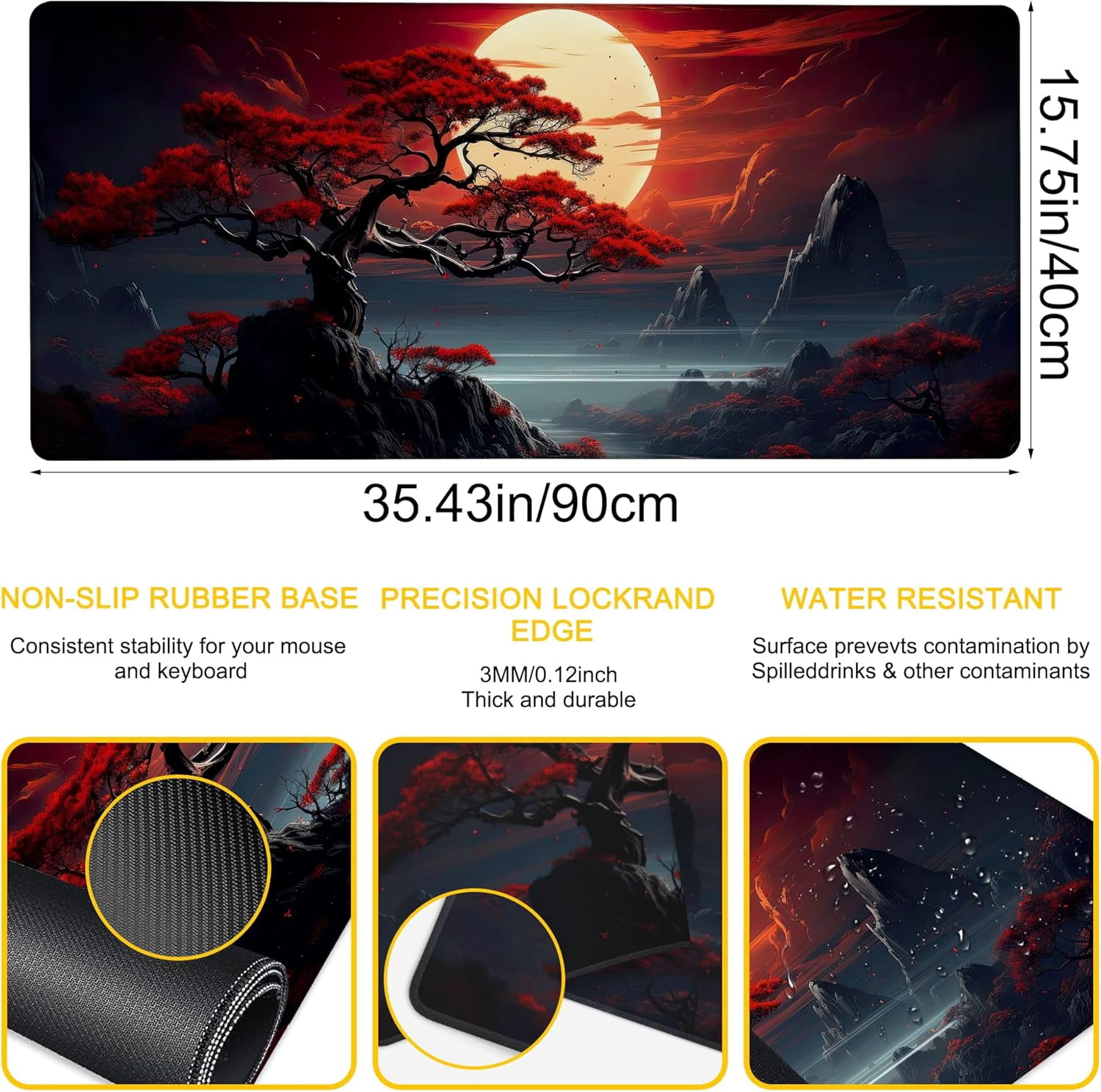 Desk Pad Darkness Red Moon Desk Mat for Keyboard and Mouse, Large XXL Gaming Mouse Pad with Stitched Edges for Work Game Office, 35.43 x 15.75 in