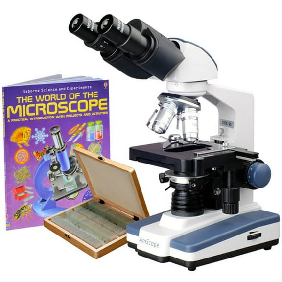 AmScope 40x-2000X LED Lab Binocular Compound Microscope w 3D Stage, 100 Prepared Slides, Activity Book