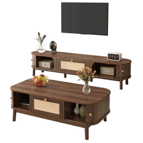 2pcs TV Stand and Coffee Table Set, Walnut-Color Living Room Furniture with Sliding Doors, Woven-Style Drawer, Rounded Edge Storage Design