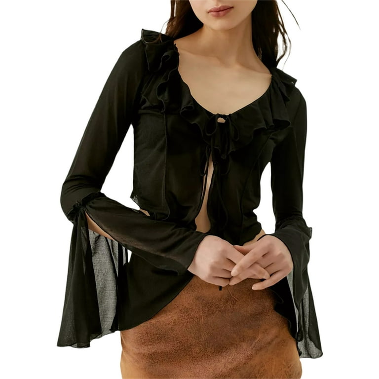 Women Y2k Ruffle Sheer Mesh Long Bell Sleeve Shirt Fairy Grunge Tie Front  Irregular Crop Tops Elegant Vintage Blouse