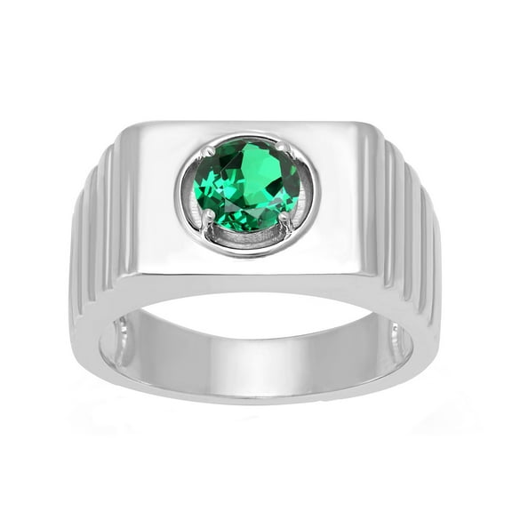 Sterling Silver with Green Emerald Solitaire Men's Ring