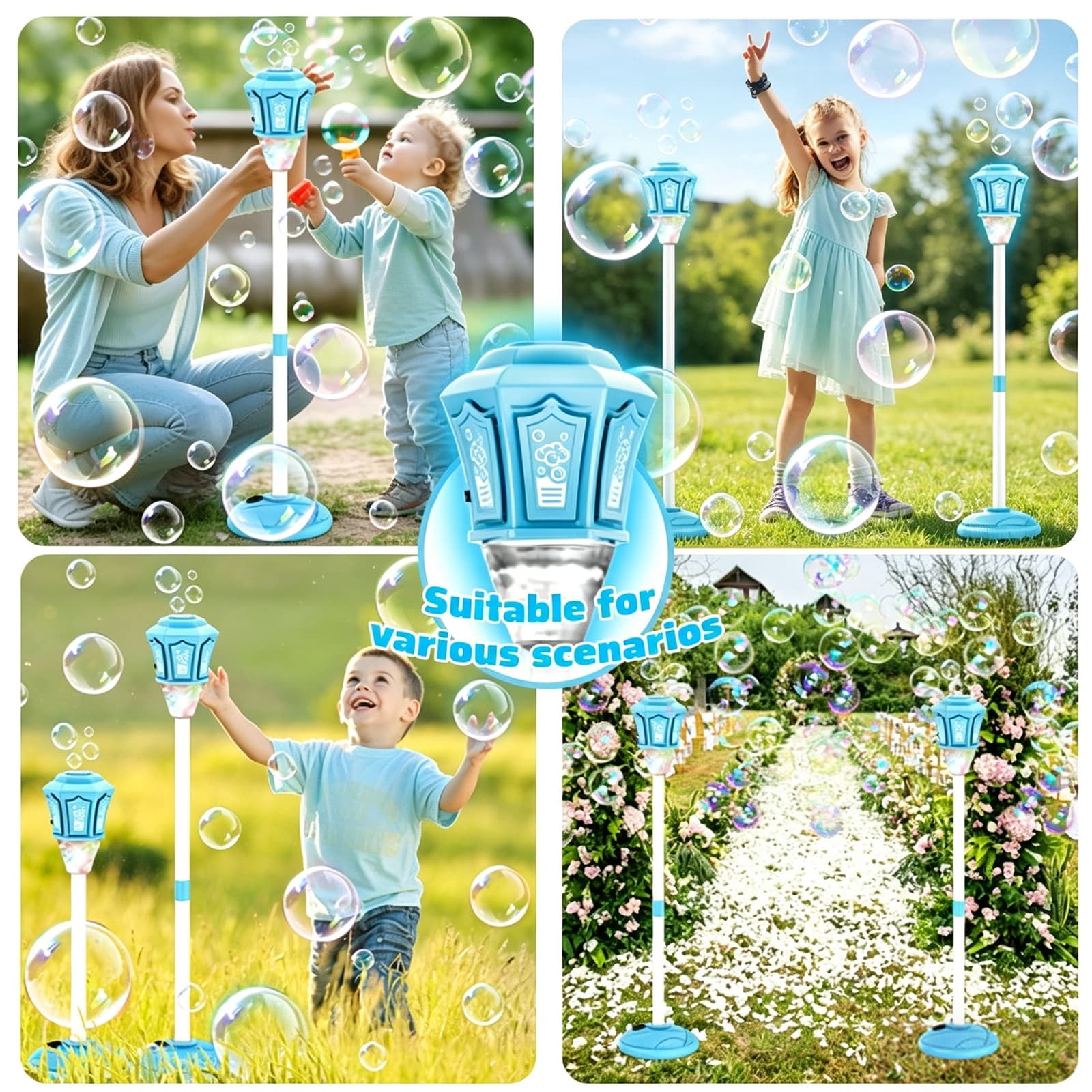 Rechargeable Automatic Bubble Machine With Light Music Adjustable Height And Detachable Wand For Outdoor Play(Blue)
