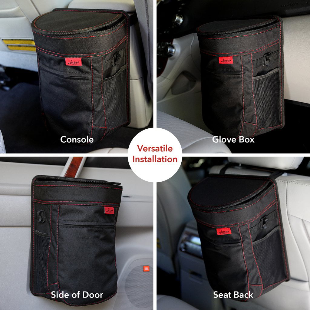Easy Hanging or Mounting In Car/Truck/Minivan/SUV/Auto Lusso Gear Car Trash Can Compact Design Large 2.5 Gallon Capacity Storage Pockets Flip Open Lid Vinyl Leakproof/Removable Trash Liner 