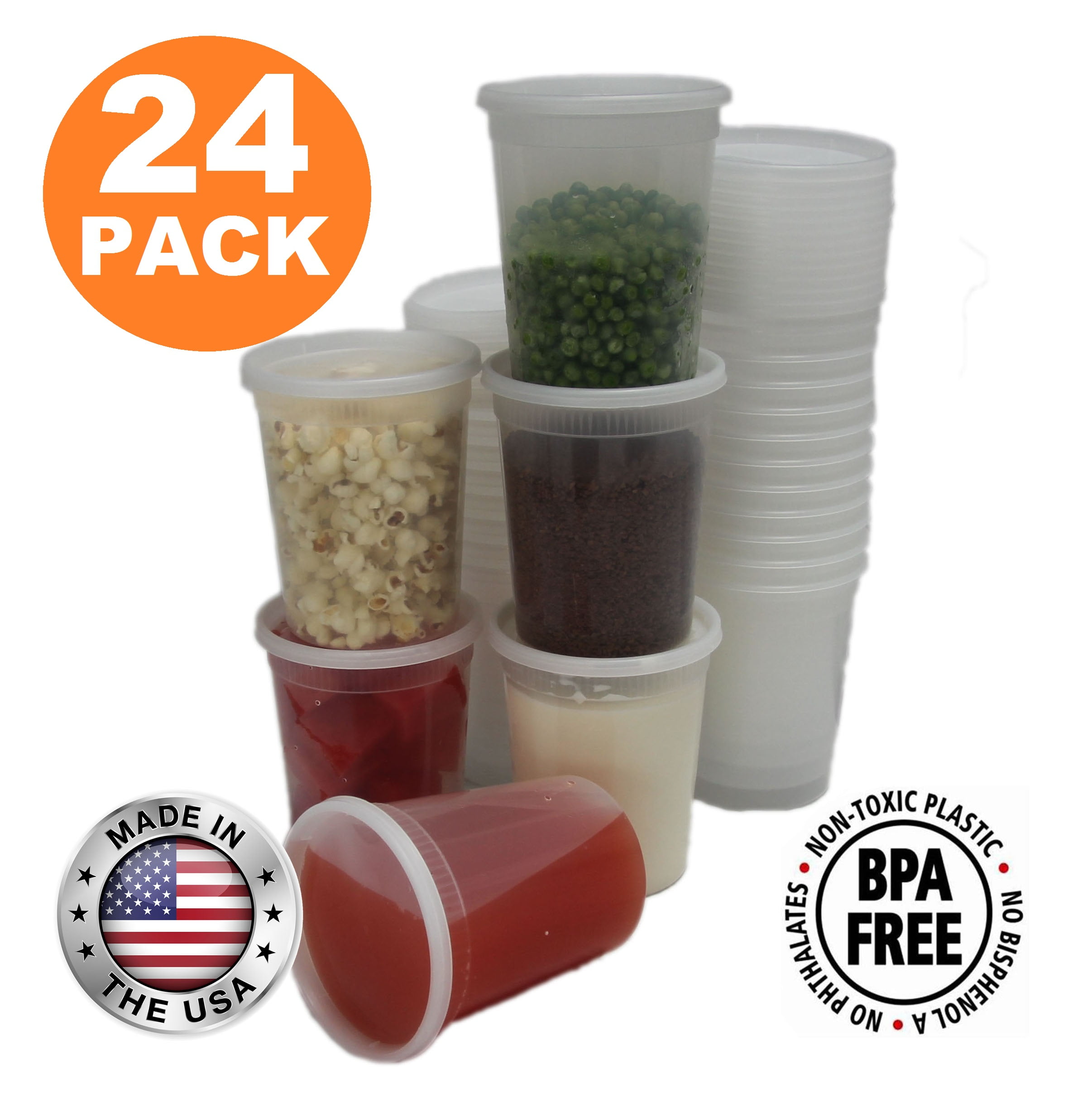 Food Storage Containers with Lids, Round Plastic Deli Cups, US Made, 32