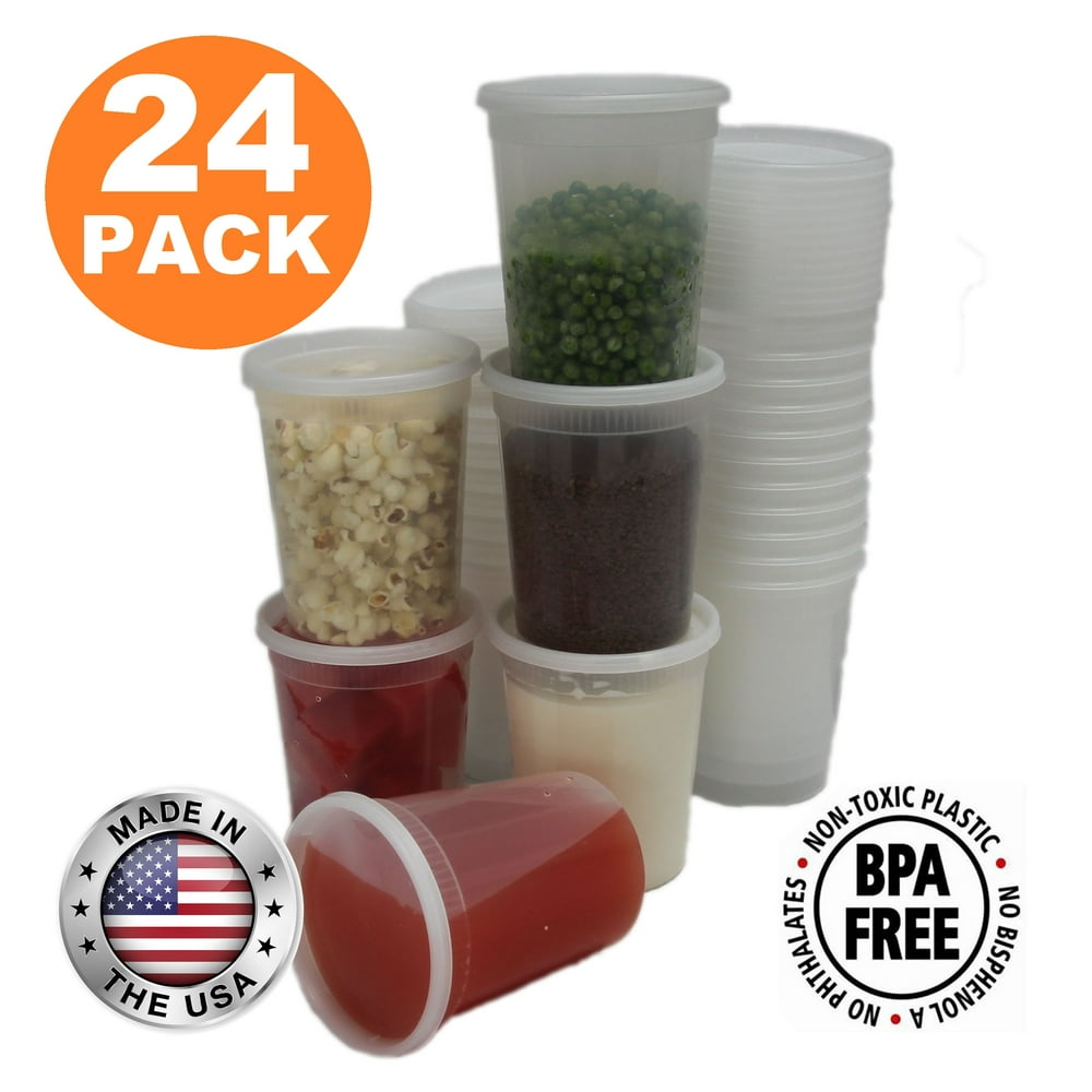 Food Storage Containers with Lids, Round Plastic Deli Cups, US Made, 32