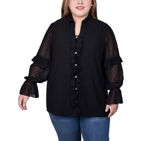 Plus Size Long Sleeve Dotted Chiffon Blouse