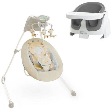 Ingenuity InLighten Cradling Swing, Cuddle Giraffe with BONUS Ingenuity 2-in-1 Booster Seat, Slate