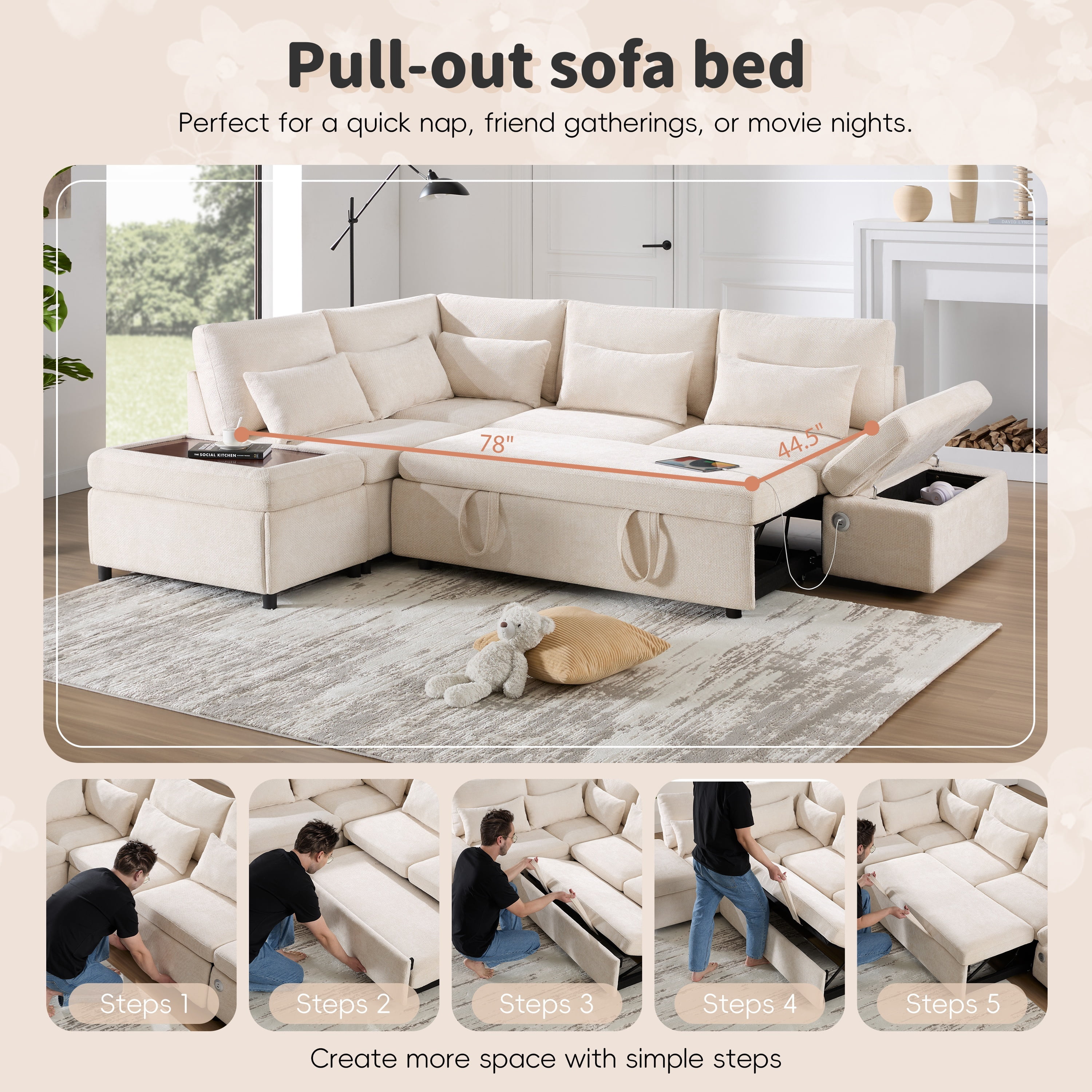Howcool 107" Sleeper Sectional Sofa with Pull Out Bed, Modular L-Shaped 6-Seater Chenille Couch, Storage Chaise, Adjustable Armrests, USB & Type-C Charging for Living Room Apartment,Beige
