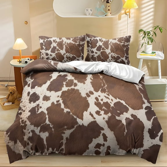 Qpednta Brown Cow Print Duvet Cover Set Soft Cozy Bedding Set with 2 Matching Pillow Shams Breathable Bedding Comforter Cover 3 Pieces Comforter Set Bedroom Decor