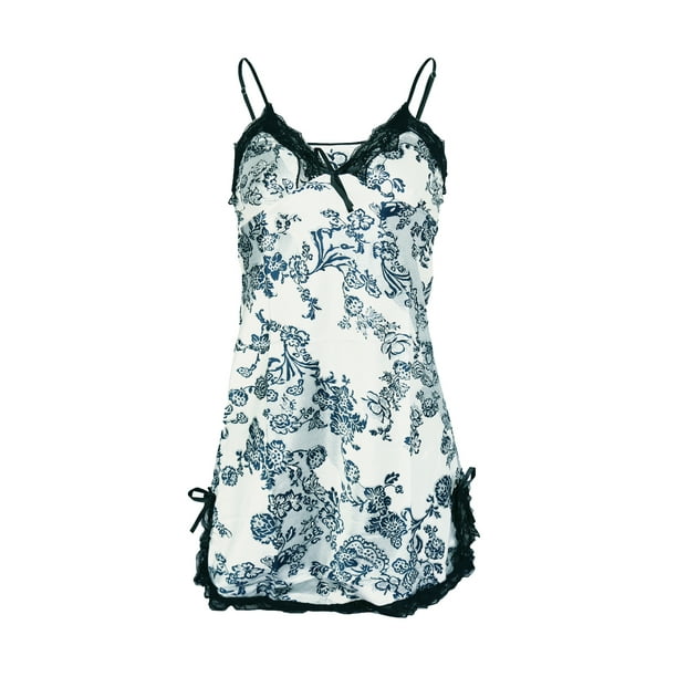 Vestido de noche de satén sexy para mujeres con encaje, pijama, vestido deslizante con encaje floral - M