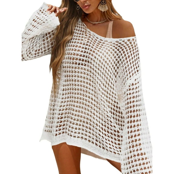 Women’s Oversized Long Sleeve Beach Cover Up Top – Loose Drop Shoulder Swimsuit Shirt for Summer Vacation Resort Wear