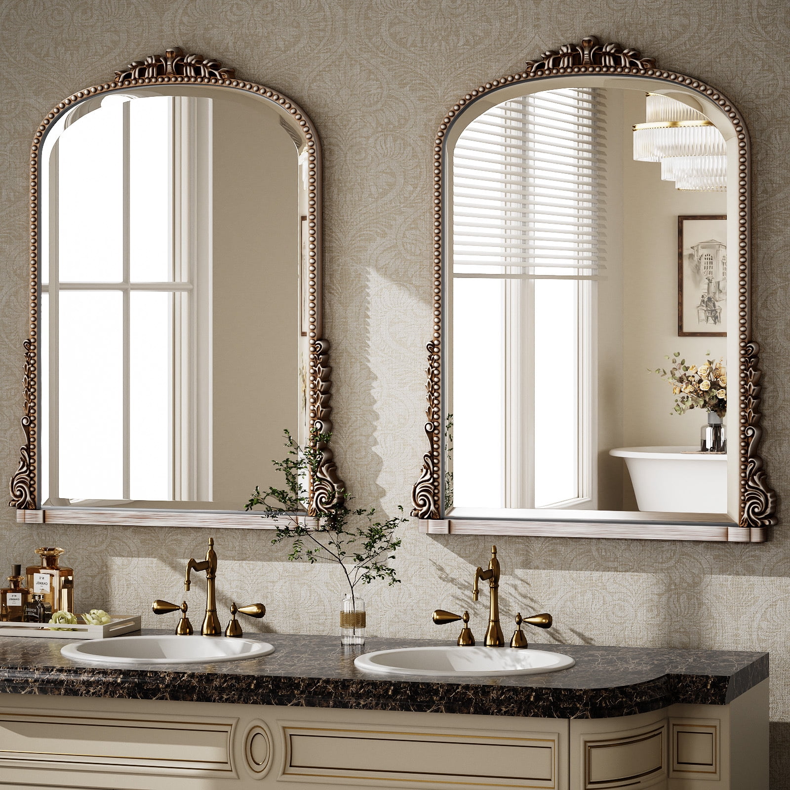Puremirror 24"x32" Antique Arched Bathroom Mirror Wall Mounted Vintage Mirror, Silver